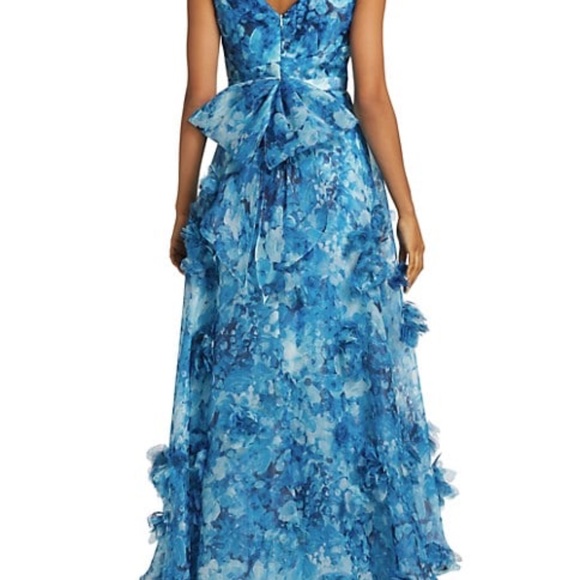 Marchesa Notte VNeck Printed Organza 3D Appliques Gown Blue Multi - Picture 4 of 9